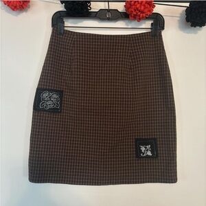 Casual Corner Brown Plaid Mini Skirt with Patch Accents
